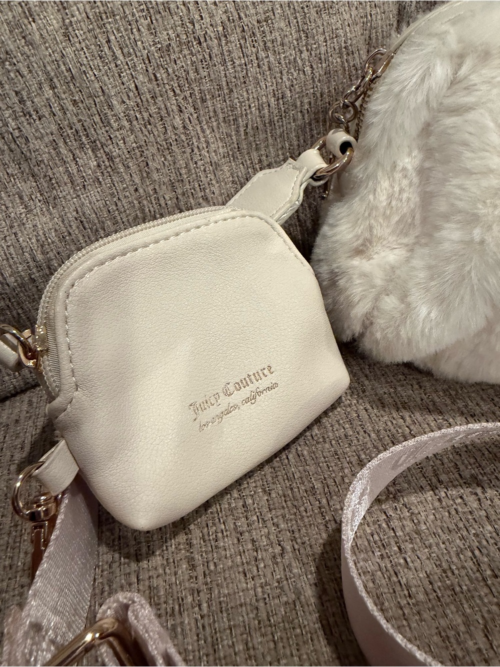 Juicy Couture Ivory Faux Fur Mini Satchel with Logo Strap & Mini Pouch - Picture 3 of 9